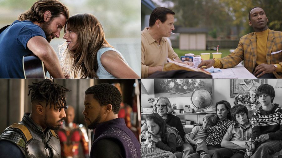 Shown here are some of the films nominatated this award season. From the right: A Star Is Born, Green Book, Black Panther and Roma. 