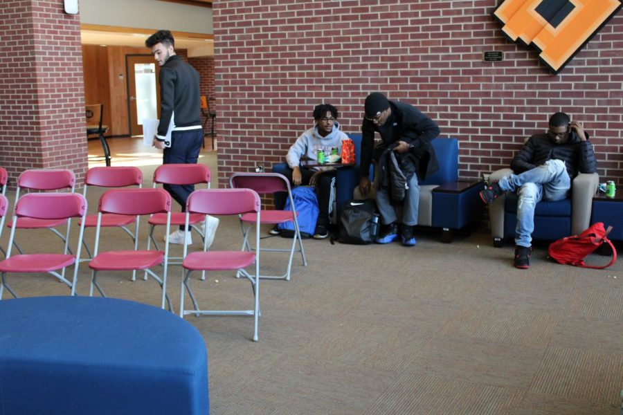 Carlos Stanley Jr.  and Tyrone Willams find a good seat to watch Yesterday the movie, in the A. Lincoln Commons on the second day of LAB welcome back week.