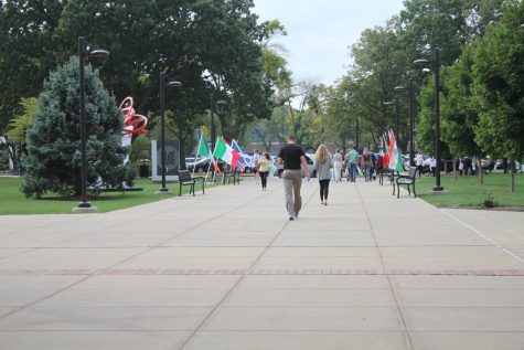 The flags line the walkway to Menard Hall