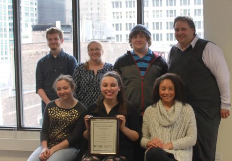 Lukas Myers (back row, second from right) is pictured with staff at the Illinois Community College Journalism Association conference in April 2016 at Harold Washington College in Chicago. Also pictured are: Front: Tess Peterson, Madison Mings and Emmi Fisher. Back: Isaac Warren, Teresa Brummett, Lukas Myers and Adviser Tim McKenzie.