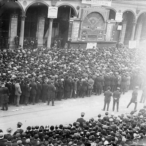    This image from the Library of Congress Bain Collection shows people crowded outside the New York Herald newspaper’s building to watch the Playograph update action in the 1911 World Series between the New York Giants and Philadelphia Athletics.